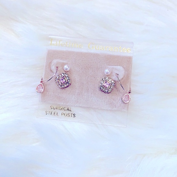 New & Lovely» 3pairs of Dainty Pink Rose Gold Earrings Set;•Pearls •Hoop •Square - Picture 5 of 14